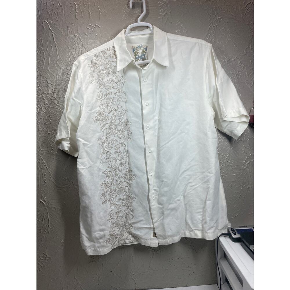 Paradise Collection Beach Hawaiian Shirt‎ Mens Ivory Embroidered Linen Large